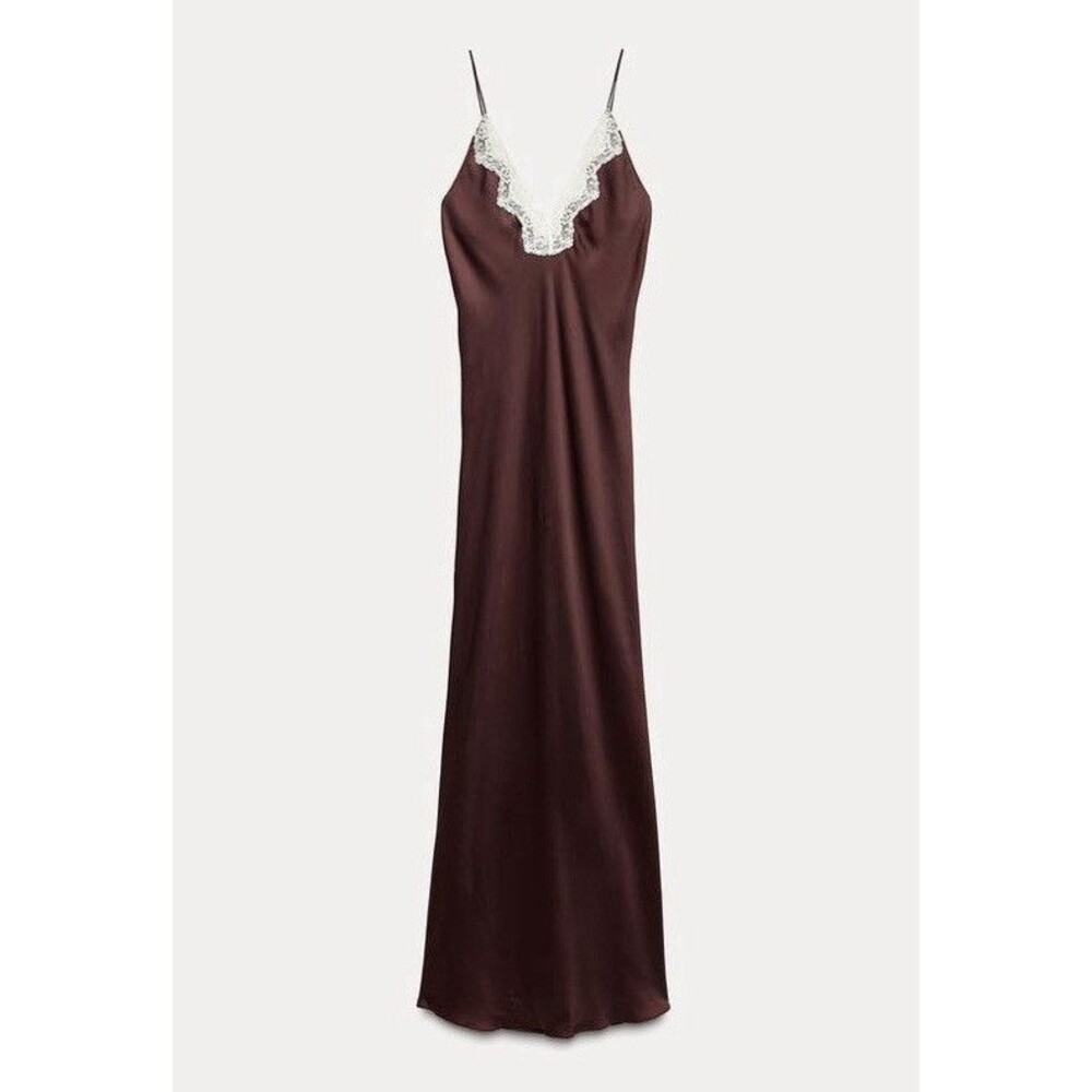 ZARA WOMAN SS24 BURGUNDY ZW COLLECTION LACE SLIP DRESS LARGE 1067/263